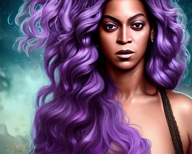 Image similar to a mind - blowing portrait of beyonce as a wizard, purple hair, bat familiar on her sholder, deep focus, d & d, fantasy, intricate, elegant, highly detailed, digital painting, artstation, concept art, matte, sharp, illustration, hearthstone, art by artgerm and greg rutkowski and alphonse mucha