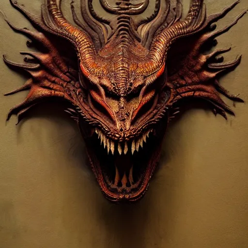 Image similar to a chthonic dragon head art by Daniel Dos Santos, Beksinski, Giger, intricate colourfully painted carved wood paneling, dark souls, ivory and copper , artstation