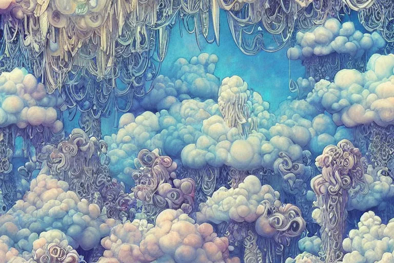 Prompt: simplicity, a huge flock of many ornate mottled puffy filigreed clouds tangled into large whirling ultra detailed crystal specimens, art nouveau jungle environment, playful, award winning art, epic dreamlike fantasy landscape, ultra realistic,