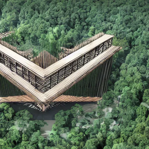 Image similar to timber megastructure in the middle of the jungle, concept art