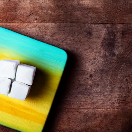 Image similar to photograph of a marshmallow cube on a wooden chopping board, styled food photography, colorful topping, photorealistic, 4 k