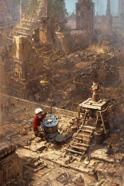 Image similar to an ancient Aztec!!! boy fixing his Aztec!! robot!, part by Craig Mullins, part by Greg Rutkowski , part by Mattias Adolfsson, volumetric lighting!!, oil on canvas