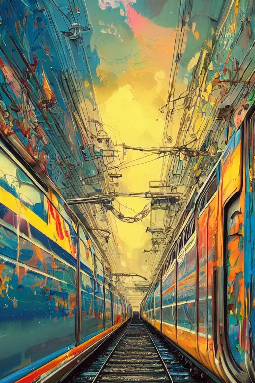 Image similar to trains covered in dripping colorful graffiti paint, painterly, james jean, yoshitaka amano, hiroshi yoshida, moebius, loish, artgerm, painterly, symmetrical, ultra detailed, hyper realistic, illustration, sunset lighting