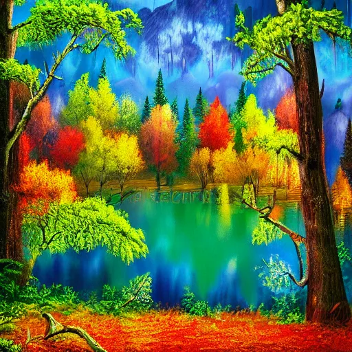 Image similar to colorful forest lake, realistic, detailed