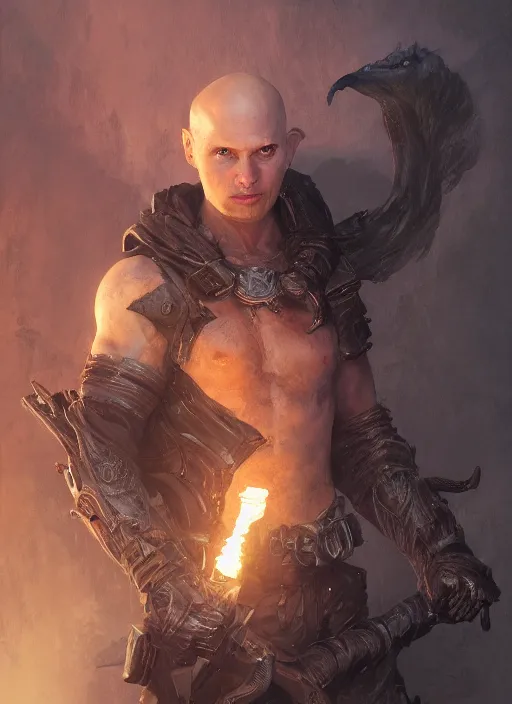 Prompt: fantasy bald male rogue, half body lit, front game card, marvel comics, dark, intricate, highly detailed, smooth, artstation, digital illustration by ruan jia and mandy jurgens and artgerm and wayne barlowe and greg rutkowski and zdislav beksinski