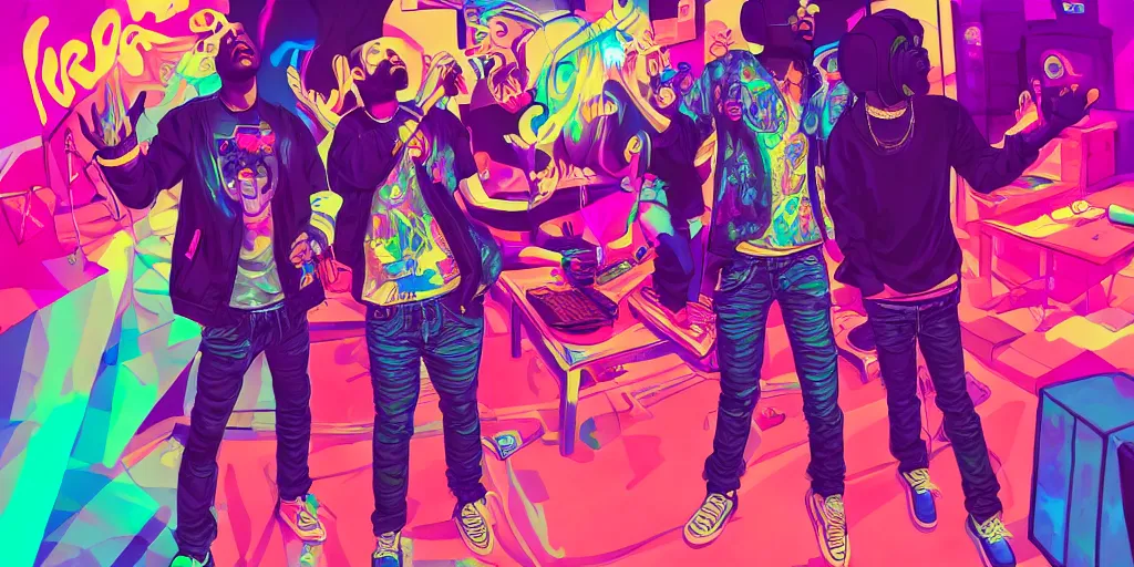 Prompt: friends rapping together in living room, party, epic pose, digital art, vaporwave, psychedelic, surreal, hip hop, trending on Artstation, professional artist, detailed, 4k