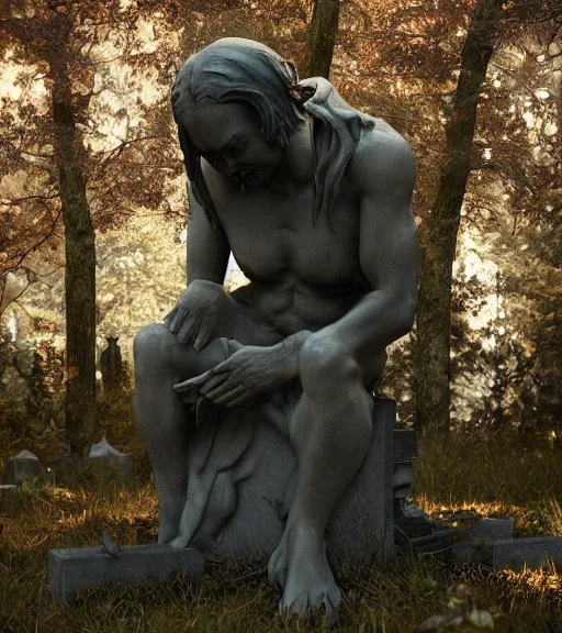 Prompt: weeping demon statue in graveyard surrounded by beautiful forest, vintage film photo, cgsociety, octane render, trending on artstation, artstationHD, artstationHQ, unreal engin