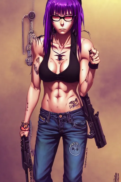 Prompt: revy black lagoon, purple hair, black tank top, jean shorts, tribal tattoos right arm, portrait shinkai makoto studio ghibli studio key hideaki anno sakimichan stanley artgerm lau rossdraws james jean marc simonetti elegant highly detailed digital painting artstation pixiv