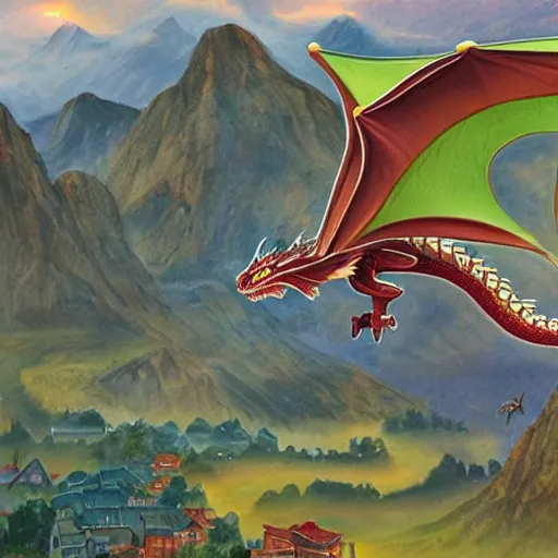 Image similar to dragon flying over village