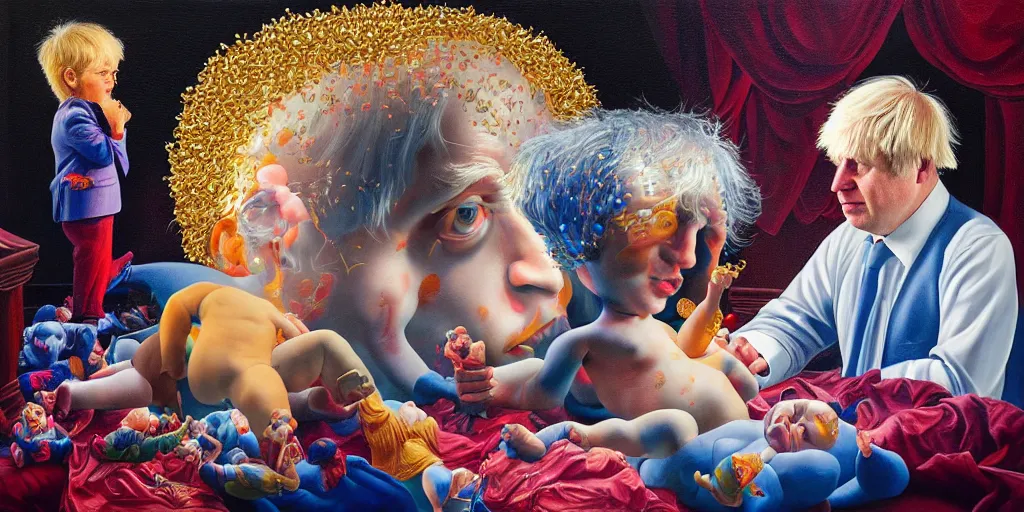 Image similar to rishi sunak and boris johnson in heaven, abstract oil painting by gottfried helnwein pablo amaringo raqib shaw zeiss lens sharp focus high contrast chiaroscuro gold complex intricate bejeweled