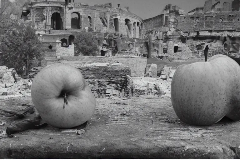 Image similar to An apple sitting on a table over the ruins of a sacked Rome, award winning photograph.