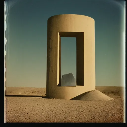 Image similar to concrete structure in the desert at night, minimalistic architecture, dark, surreal, open space, light art, james turrel, old polaroid, expired film,