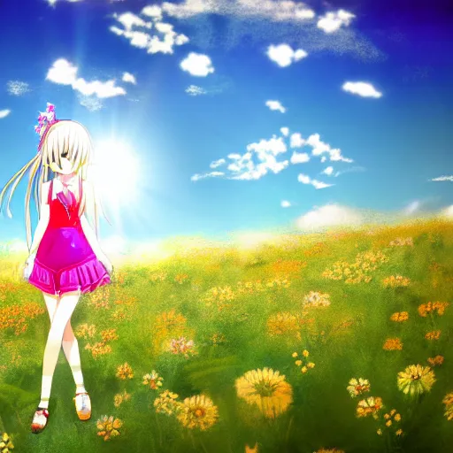 Prompt: Anime girl with cobalt blue hair and a side bun wearing a sun dress in a scenic field of flowers, trending on pixiv, very very beautiful, 4k