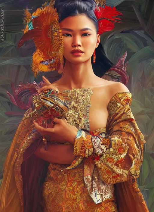 Image similar to portrait of an indonesian supermodels wearing traditional costume, highly detailed, digital painting, artstation, concept art, sharp focus, illustration, art by artgerm and james gurney and alphonse mucha