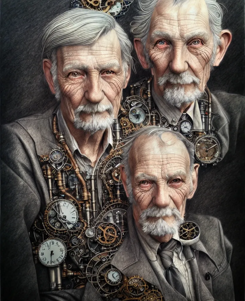 Image similar to hyper realistic full figure pencil drawing of an older man steampunk, water color, detailed, rim light, diffused, intricate, by anna dittmann,