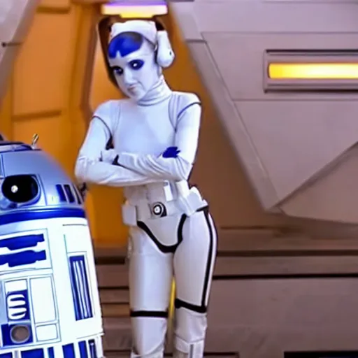 Prompt: a still of Ariana Grande and R2-D2 in a stars wars film