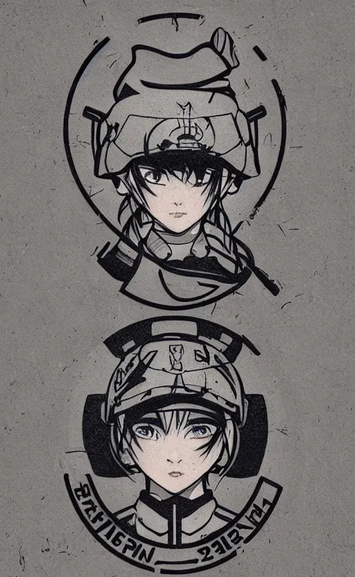 Prompt: patch design, soldier girl, 2022 anime style, clean logo, tattoo graphics, flight squadron insignia, soldier clothing, realistic military gear, inspired by shirt designer, draw with wacom tablet, round elements, vector line art, by ilya kuvshinov, trending on pixiv, symbology, realistic human anatomy, high resolution, matte, empty hands, realistic military carrier