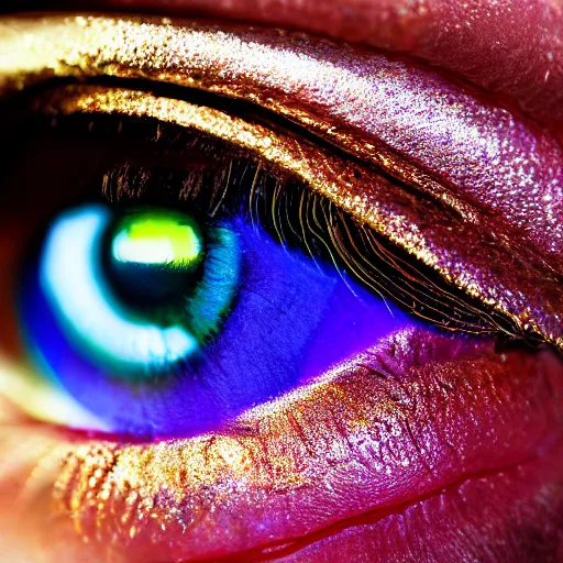 Prompt: a extremely detailed close up picture of an eye, it is made of gold powder, beautiful, colorful, macro photography