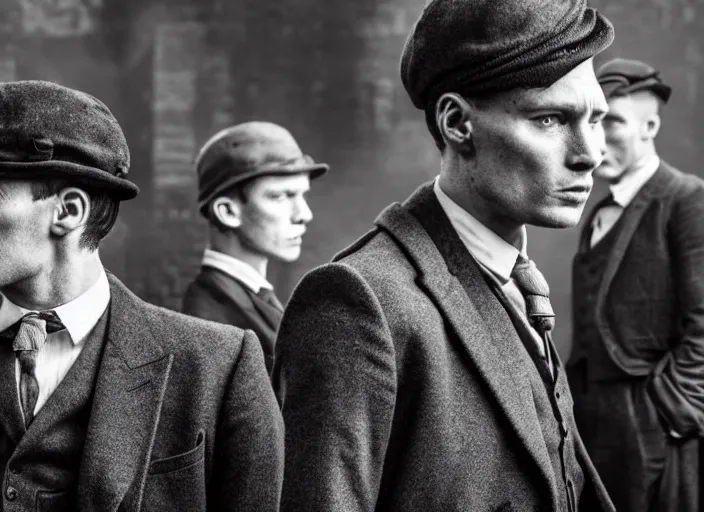 Prompt: a scene from peaky blinders, medium long shot, 3 / 4 shot, full body picture of cillian murphy and tom hardy, sharp eyes, serious expressions, detailed and symmetric faces, black and white, epic,