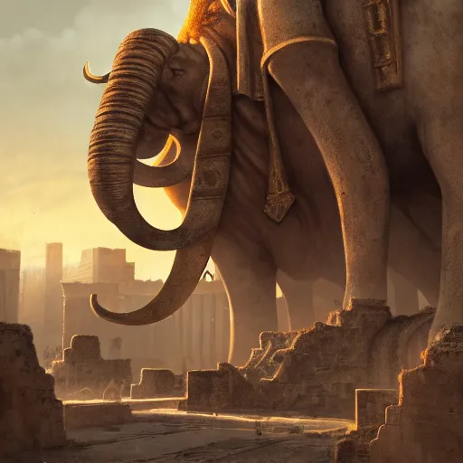 Image similar to golden mammoth in a ruined city, artstation, cgsociety, cgi, digital arts, realistic, awards winning, dramatic, cinematic, artistic, famous, detailed