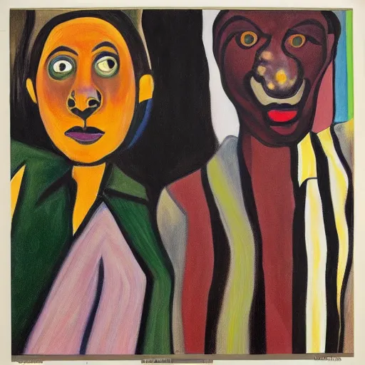 Image similar to two ravers at the club painted by Alice Neel