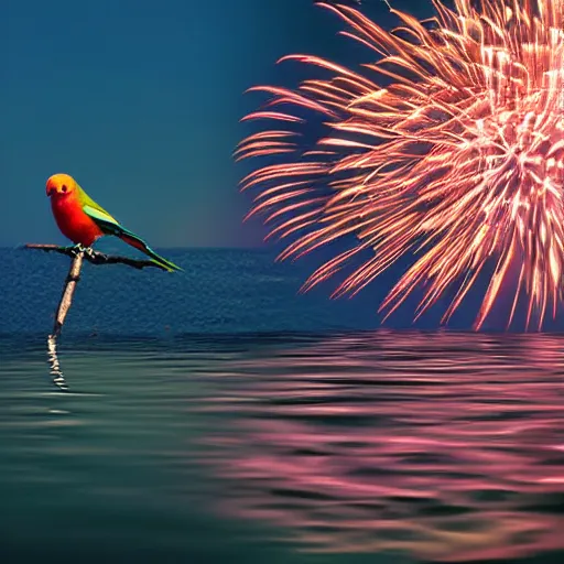 Image similar to lovebird sitting at shore, reflective, sunny day, fireworks, landscape photography, nature