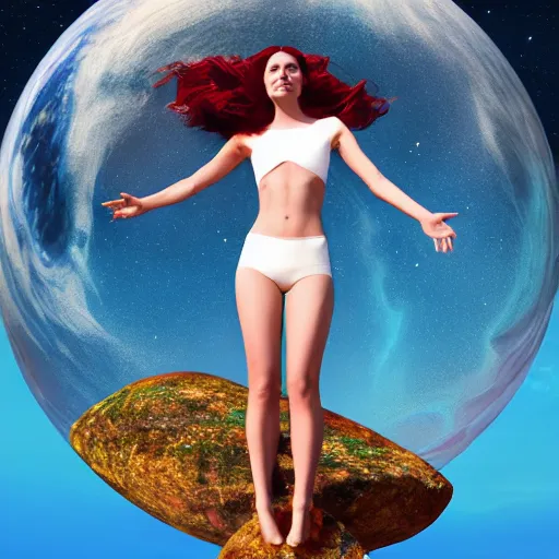 Prompt: A beautiful woman with long, flowy hair standing on a rock, witnessing two planets colliding in space. trending on artstation, artstation futurism, artstation photography, subsurface scattering, bottom view, 4k, 8k