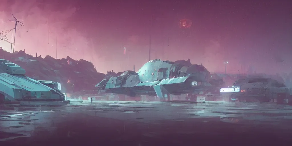 Image similar to scifi soviet cargo spaceship in heavy armor, forbidden west, liminal space around, puddles of water, by simon stalenhag, by ian pesty and alena aenami and makoto shinkai, concept art, matte painting, washed colors,