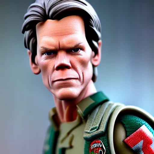 Image similar to Kevin Bacon as a G.I. Joe action figure, hyper realistic, photograph, tilt shift, 65mm, sharp focus