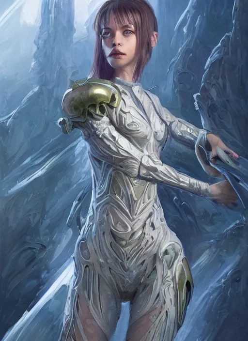 Image similar to a professional painting of a beautiful young female alien, clothed in ethereal armor, olive skin, long dark hair, beautiful bone structure, symmetrical facial features, intricate, elegant, digital painting, concept art, smooth, sharp focus, illustration, from Valerian and the City of a Thousand Planets, by Ruan Jia and Mandy Jurgens and Artgerm and William-Adolphe Bouguerea