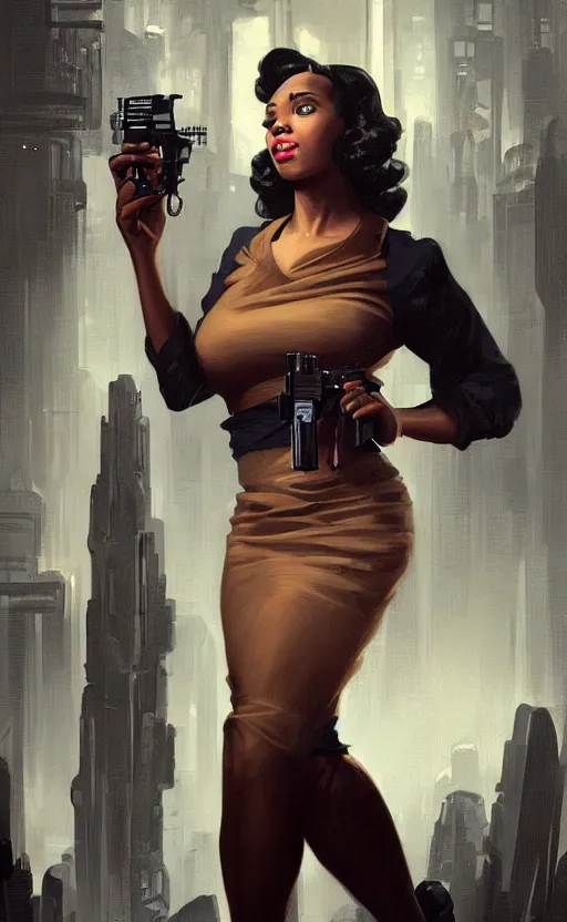 Image similar to an attractive young Black female, clothed like a 1940s femme fatale, holding a sci-fi pistol, intricate, elegant, highly detailed, digital painting, film noir lighting, Blade Runner city background, trending on artstation, concept art, smooth, sharp focus, illustration, art by artgerm and greg rutkowski and alphonse mucha