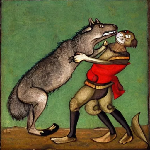 Prompt: wolf fights frog, medieval painting,