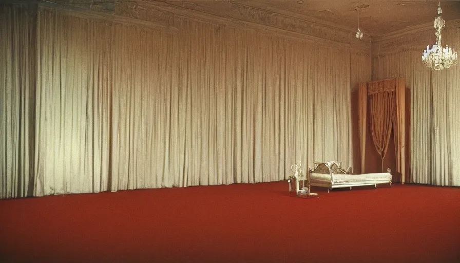 Prompt: 60s movie still of a sovietic stalinist style empty ballroom with a royal bed, cinestill 800t 50mm eastmancolor, liminal Space style, heavy grain, accidental flash-s 150