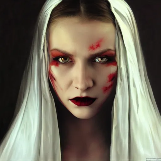 Prompt: close up face of a beautiful female portrait, Vampire, oil on canvas, artgerm, norman rockwell, craig mulins, noah bradey, trending on pxiv,