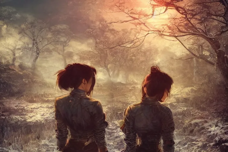 Image similar to fallout 5, charismatic beautiful rugged asian female protagonist, portrait, outdoors japanese rural countryside, atmospheric lighting, painted, intricate, volumetric lighting, daytime, winter, clear weather, mutated wildlife, golden hour, sharp focus, deep colours, ultra detailed, art by william turner