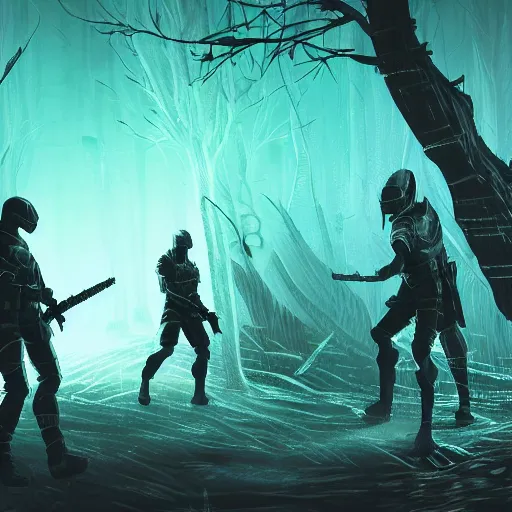 Image similar to tactical combat squad in red hoods fighting otherworldly monsters between the mystical foggy swamp. Style as if Dan Mumford and Tsutomu Nihei make game in Unreal Engine, photorealism, colorful, finalRender iridescent fantasy concept art 8k resolution concept art ink drawing volumetric lighting bioluminescence, plasma, neon, brimming with energy, electricity, power, Colorful Sci-Fi Steampunk Biological Living, cel-shaded, depth, particles, lots of reflective surfaces, subsurface scattering