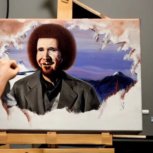 Prompt: a closeup photorealistic photograph of bob ross working on a canvas painting of marilyn manson. mountain scape. happy trees. film still. brightly lit scene. this 4 k hd image is trending on artstation, featured on behance, well - rendered, extra crisp, features intricate detail, epic composition and the style of unreal engine.