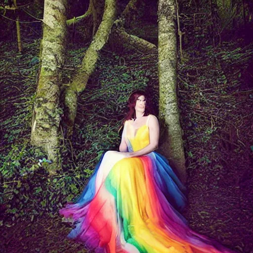 Image similar to picture of gemma arterton wearing a long rainbow wedding gown, sitting in a colorful forest