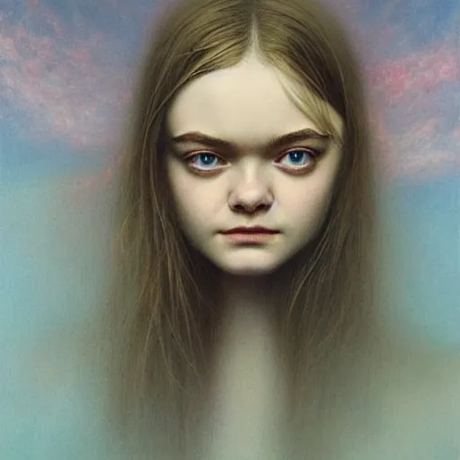 Image similar to professional painting of Elle Fanning in the style of Beksinski, head and shoulders portrait, symmetrical facial features, smooth, sharp focus, illustration, intricate, stormy weather, extremely detailed masterpiece,