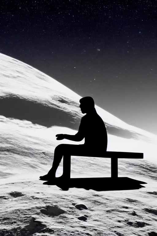 Image similar to Silhouette of a man sitting on a bench on the moon with a view of planet earth, photorealistic, high resolution, award winning, digital art, trending on artstation.