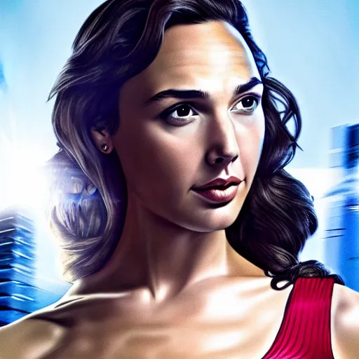 Prompt: an potrait of gal Gadot cast of movie man of steel and wearing a superman suit, photorealistic high detail, view from below, High Quality.