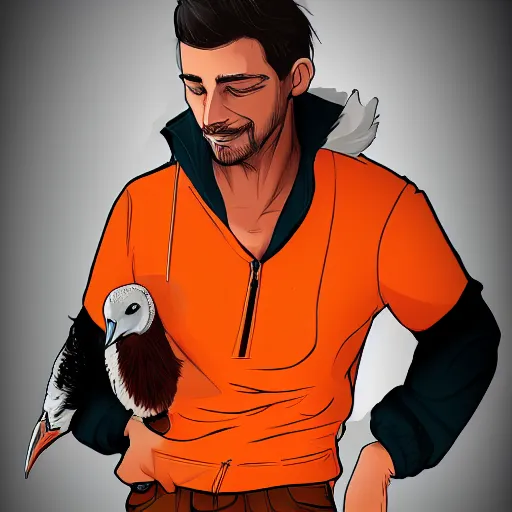 Image similar to man in orange shirt zip - up a goose, artstation