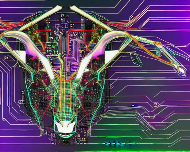 Image similar to cybernetic evil goat head merged with complex circuitry and machinery, multicolored