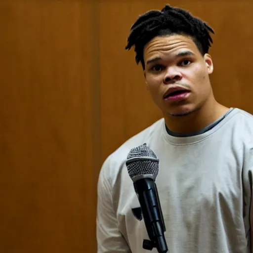 Prompt: photo of miles bridges singing in jail cell