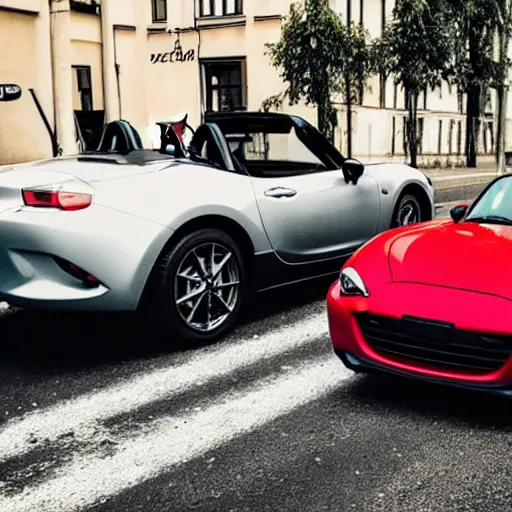 Prompt: a photograph of a guinea pig sitting on the hood of a red mazda mx-5, standing on a road in Stockholm