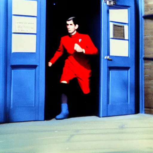 Image similar to color photo of mr spock blue uniform exiting the tardis