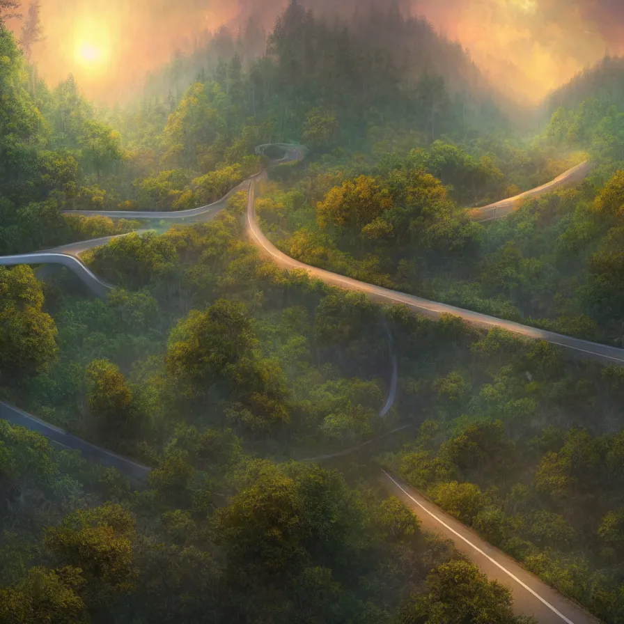 Prompt: surrealist semiabstract artwork of a highway road leading to the horizon through a thick forest down a rocky mountain coast towards the sunset. atmospheric landscape, soft tones, psychedelic, ultra realistic, concept art, modern art, photorealistic, octane render, 8 k. art by nori inoguchi and sam kaplan and zachary goulko and christopher marley