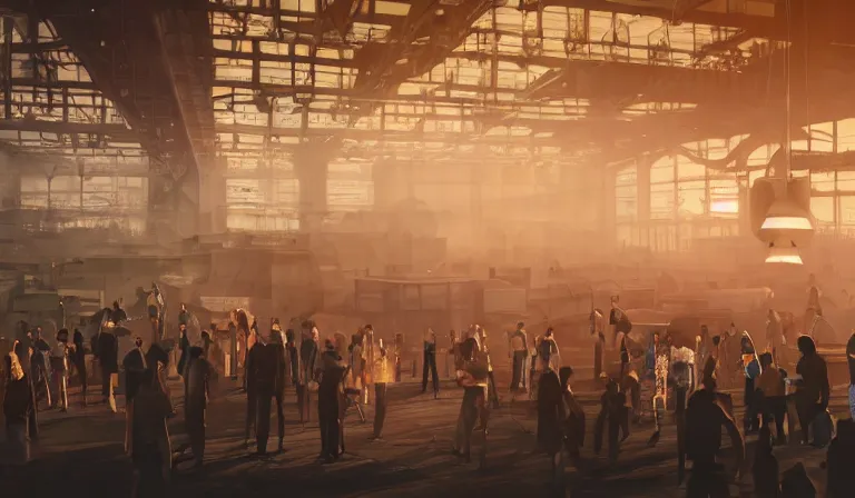 Image similar to group of people in simple warehouse, looking at hologram of futuristic dense metropolis on a table, cinematic concept art, godrays, golden hour, natural sunlight, 4 k, clear details, tabletop model buildings, center model buildings, hologram center, crane shot, crane shot, crane shot