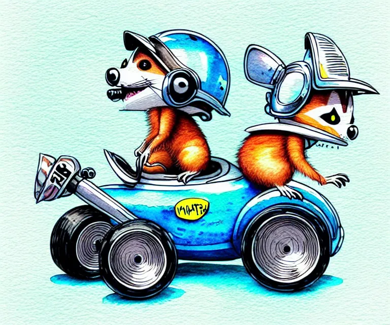 Image similar to cute and funny, racoon wearing a helmet riding in a tiny merlyn formula ford, ratfink style by ed roth, centered award winning watercolor pen illustration, isometric illustration by chihiro iwasaki, edited by range murata