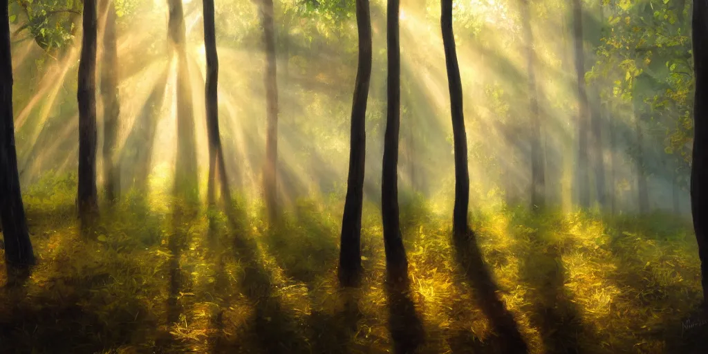 Prompt: An oil painting of an intensely beautiful forest in the morning; rays of light coming through the canopy; trending on artstation